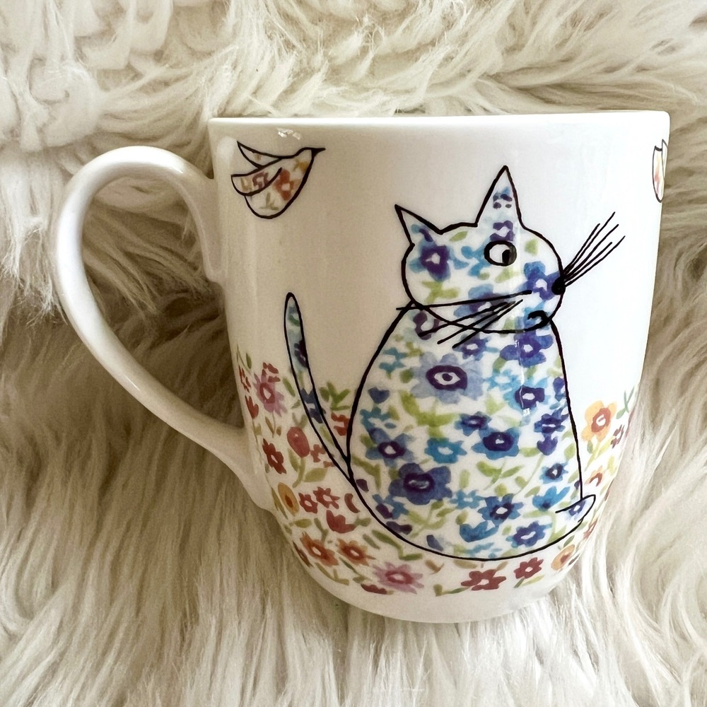 Rose of England Fine Bone China Cat Mug Floral Garden Made in UK Whimsical Mug